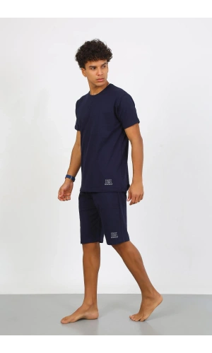 Moda Çizgi Erkek Pamuk Lakost Alt Üst Kaprili Pijama Takım Lacivert 6873