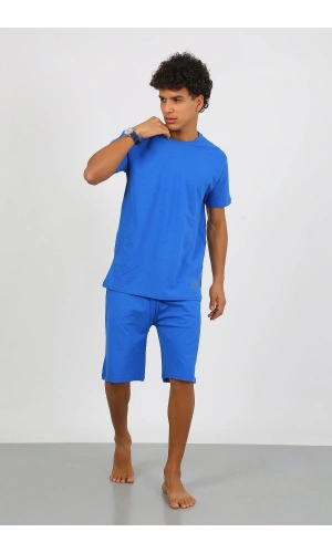 Moda Çizgi Erkek Pamuk Lakost Alt Üst Kaprili Pijama Takım Saks 6872
