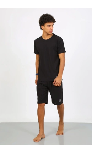 Moda Çizgi Erkek Pamuk Lakost Alt Üst Kaprili Pijama Takım Siyah 6872