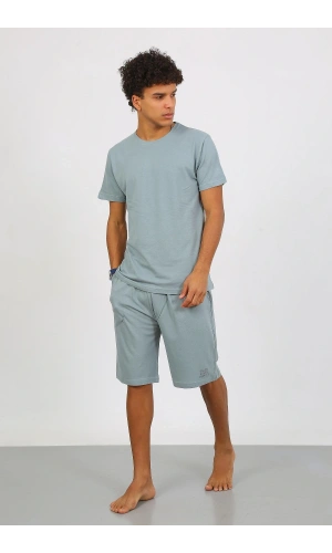 Moda Çizgi Erkek Pamuk Lakost Alt Üst Kaprili Pijama Takım SuYeşili 6872