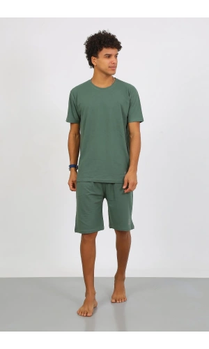 Moda Çizgi Erkek Pamuk Lakost Alt Üst Kaprili Pijama Takım Yeşil 6872