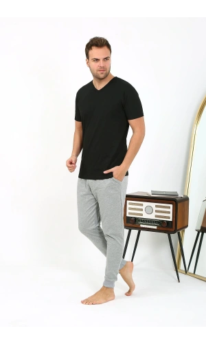 Moda Çizgi Erkek Pamuk Tek Alt Pijama Gri 27551