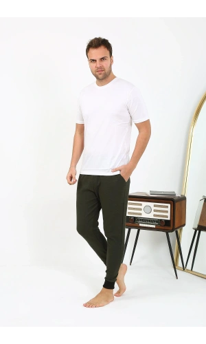 Moda Çizgi Erkek Pamuk Tek Alt Pijama Haki 27551