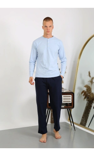 Moda Çizgi Erkek Penye Uzun Kol Pijama Takımı 6860 Buz Mavisi