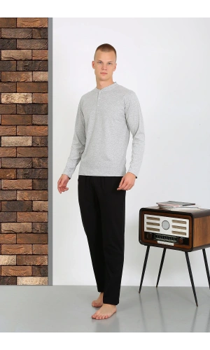 Moda Çizgi Erkek Penye Uzun Kol Pijama Takımı 6860 GRİ