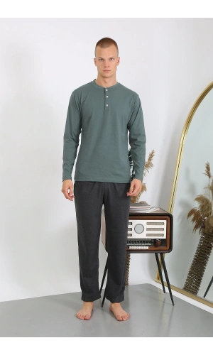 Moda Çizgi Erkek Penye Uzun Kol Pijama Takımı 6860 Haki