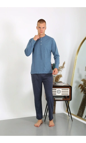 Moda Çizgi Erkek Penye Uzun Kol Pijama Takımı 6860 İndigo
