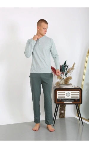 Moda Çizgi Erkek Penye Uzun Kol Pijama Takımı 6860 Su Yeşili