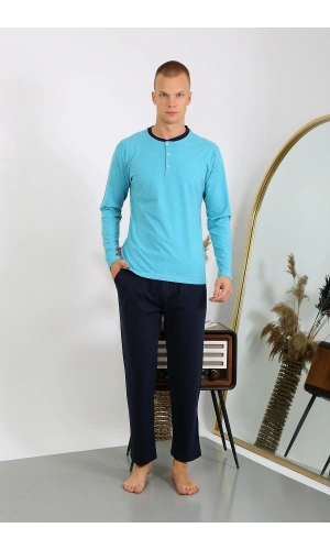 Moda Çizgi Erkek Penye Uzun Kol Pijama Takımı 6860 Turkuaz
