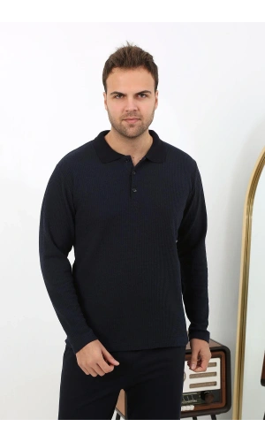 Moda Çizgi Erkek Polo Yaka Uzun Kol Penye Pijama Takımı 6862 Lacivert