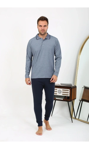 Moda Çizgi Erkek Polo Yaka Uzun Kol Penye Pijama Takımı Lacivert 6865