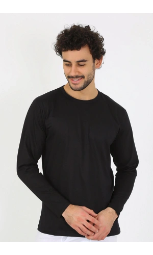 Moda Çizgi Erkek Sıfır Yaka Uzun Kol Siyah Fanila 6590
