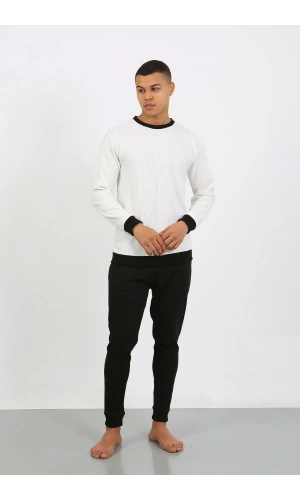 Moda Çizgi Erkek Uzun Kol Manşetli Paça Penye Pijama Takımı 6870 Beyaz