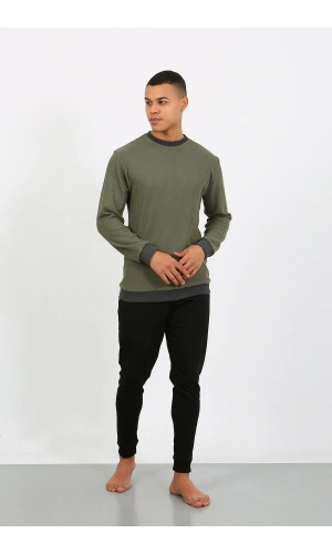 Moda Çizgi Erkek Uzun Kol Manşetli Paça Penye Pijama Takımı 6870 Haki