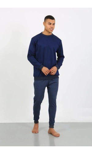 Moda Çizgi Erkek Uzun Kol Manşetli Paça Penye Pijama Takımı 6870 Lacivert