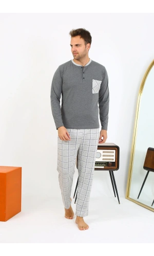 Moda Çizgi Erkek Uzun Kol Penye Antrasit Pijama Takımı 6861