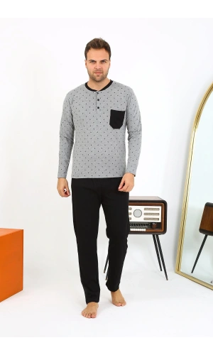 Moda Çizgi Erkek Uzun Kol Penye Füme Pijama Takımı 6861