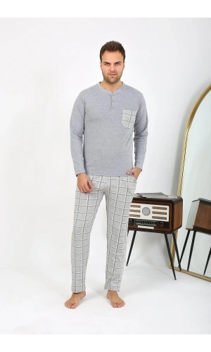 Moda Çizgi Erkek Uzun Kol Penye Gri Pijama Takımı 6861