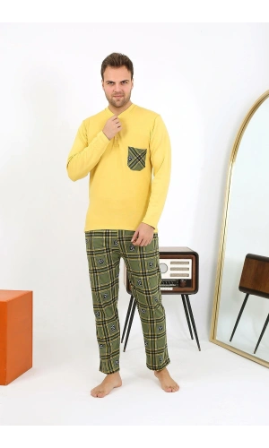 Moda Çizgi Erkek Uzun Kol Penye Sarı Pijama Takımı 6861