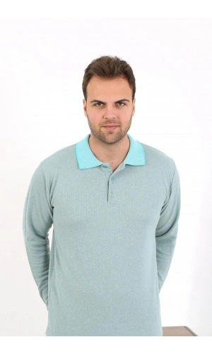 Moda Çizgi Erkek Uzun Kol Penye Tek Üst Pijama Tshırt 6871 Suyeşili