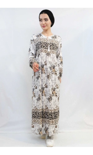 Moda Çizgi Etnik Desen Elbise Bej