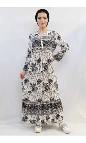 Moda Çizgi Etnik Desen Elbise Siyah
