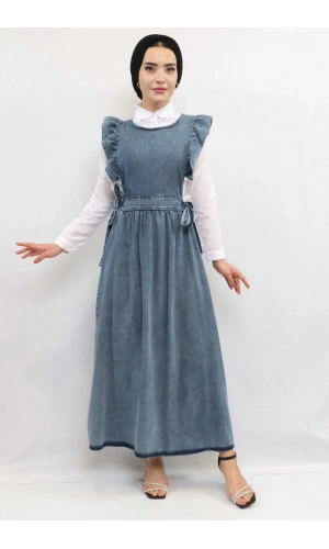 Moda Çizgi Fırfırlı Salopet Kot Elbise  Koyu Mavi