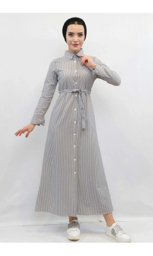 Moda Çizgi Gofre Elbise Gri