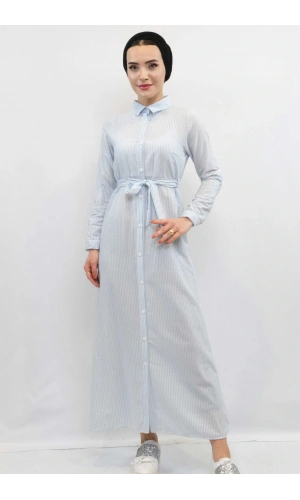 Moda Çizgi Gofre Elbise Mavi