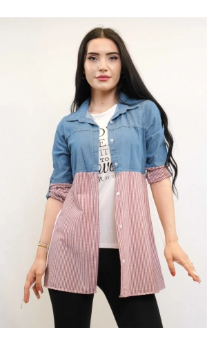 Moda Çizgi Gömlek İçi T-shirt İkili Takım Bordo