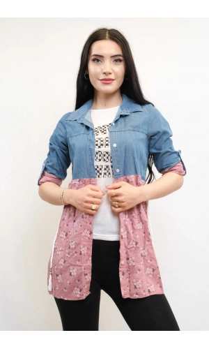 Moda Çizgi Gömlek İçi T-shirt İkili Takım Pudra