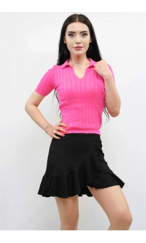Moda Çizgi Gömlek Yaka Triko Bluz Fuşya