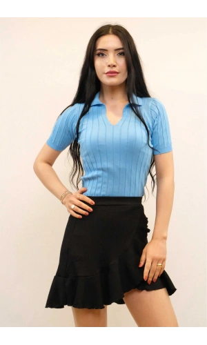 Moda Çizgi Gömlek Yaka Triko Bluz Mavi