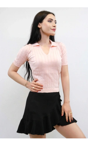 Moda Çizgi Gömlek Yaka Triko Bluz Pudra