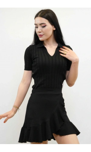 Moda Çizgi Gömlek Yaka Triko Bluz Siyah