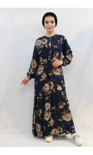 Moda Çizgi Gül Desenli Elbise MC4101 Lacivert