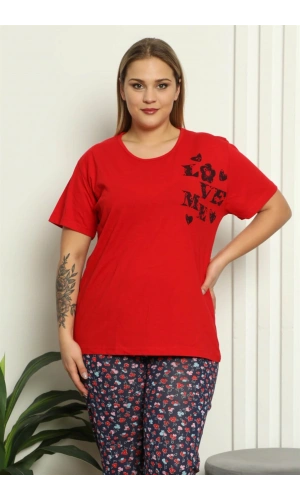 Moda Çizgi Kadın %100 Pamuk Kısa Kol Büyük Beden Pijama Takım 202144