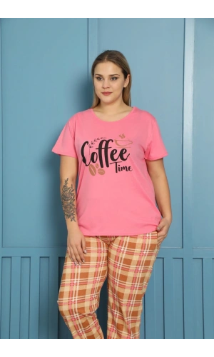 Moda Çizgi Kadın %100 Pamuk Kısa Kol Büyük Beden Pijama Takım 202156