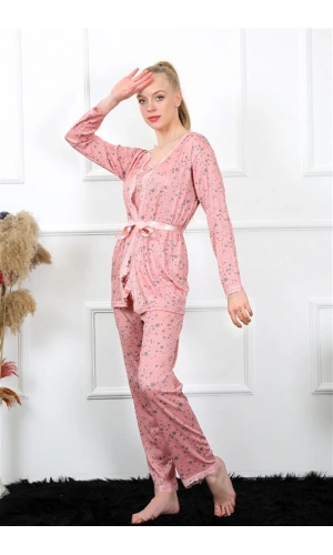 Moda Çizgi Kadın 3lü Gül Kurusu Sabahlık Pijama Takım 16103