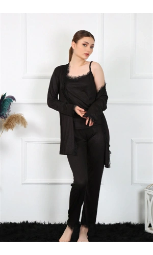 Moda Çizgi Kadın 3lü Siyah Sabahlık Takım 16108