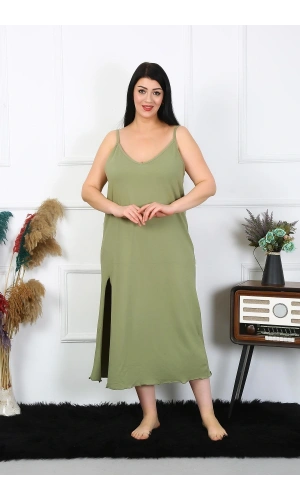 Moda Çizgi Kadın Büyük Beden İp Askılı Pamuklu Haki Uzun Gecelik 12100