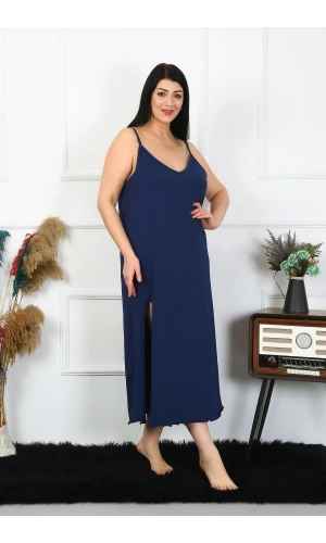 Moda Çizgi Kadın Büyük Beden İp Askılı Pamuklu Lacivert Uzun Gecelik 12100