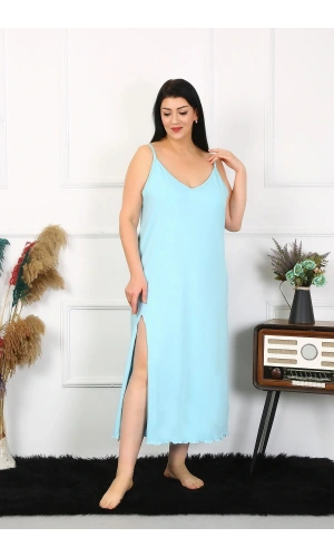 Moda Çizgi Kadın Büyük Beden İp Askılı Pamuklu Mavi Uzun Gecelik 12100