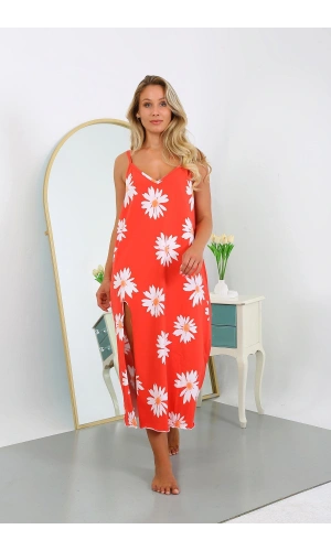 Moda Çizgi Kadın Büyük Beden İp Askılı Pamuklu Uzun Gecelik 12104 Nar Çiçeği