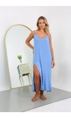 Moda Çizgi Kadın Büyük Beden İp Askılı Pamuklu Uzun Gecelik 12106