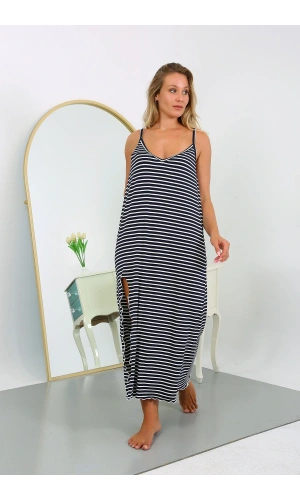 Moda Çizgi Kadın Büyük Beden İp Askılı Pamuklu Uzun Gecelik 12107