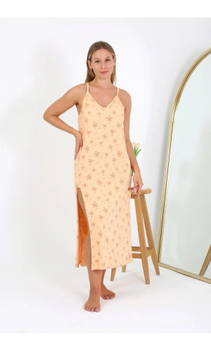 Moda Çizgi Kadın Büyük Beden İp Askılı Uzun Gecelik 12110