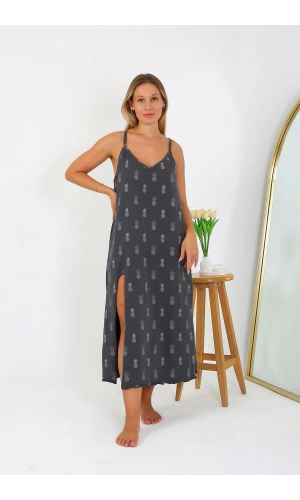 Moda Çizgi Kadın Büyük Beden İp Askılı Uzun Gecelik 12112