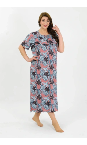 Moda Çizgi Kadın Büyük Beden Kısa Kol Somon Anne Gecelik 1377