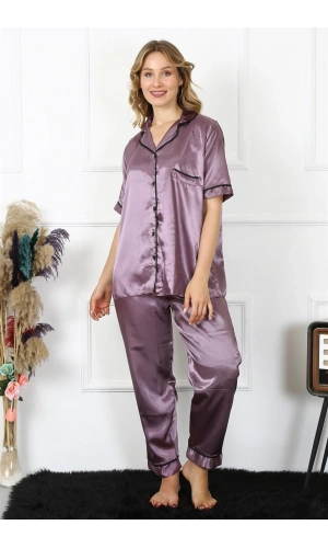 Moda Çizgi Kadın Büyük Beden Mor Saten Pijama Takımı 10303